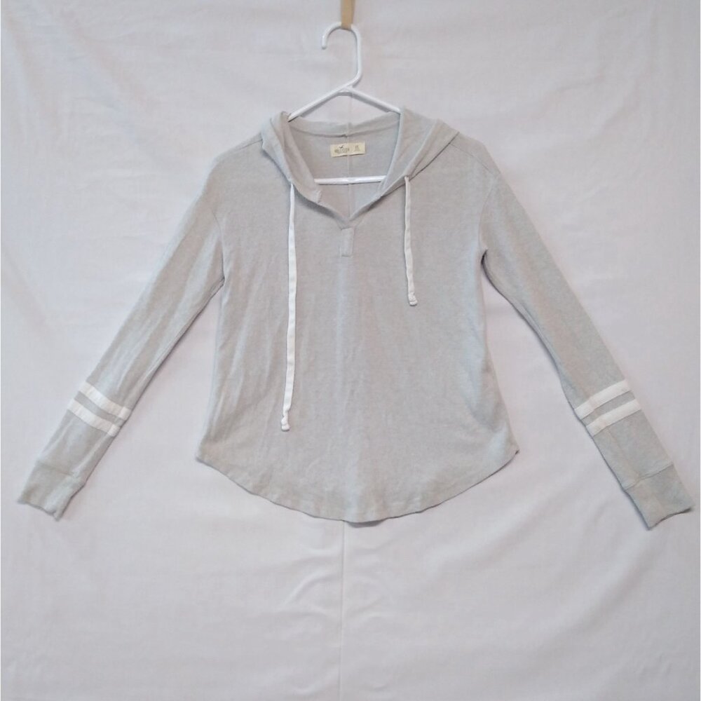Hollister California XS Gray Hooded Long-Sleeve Top Striped Sleeves & Drawstring